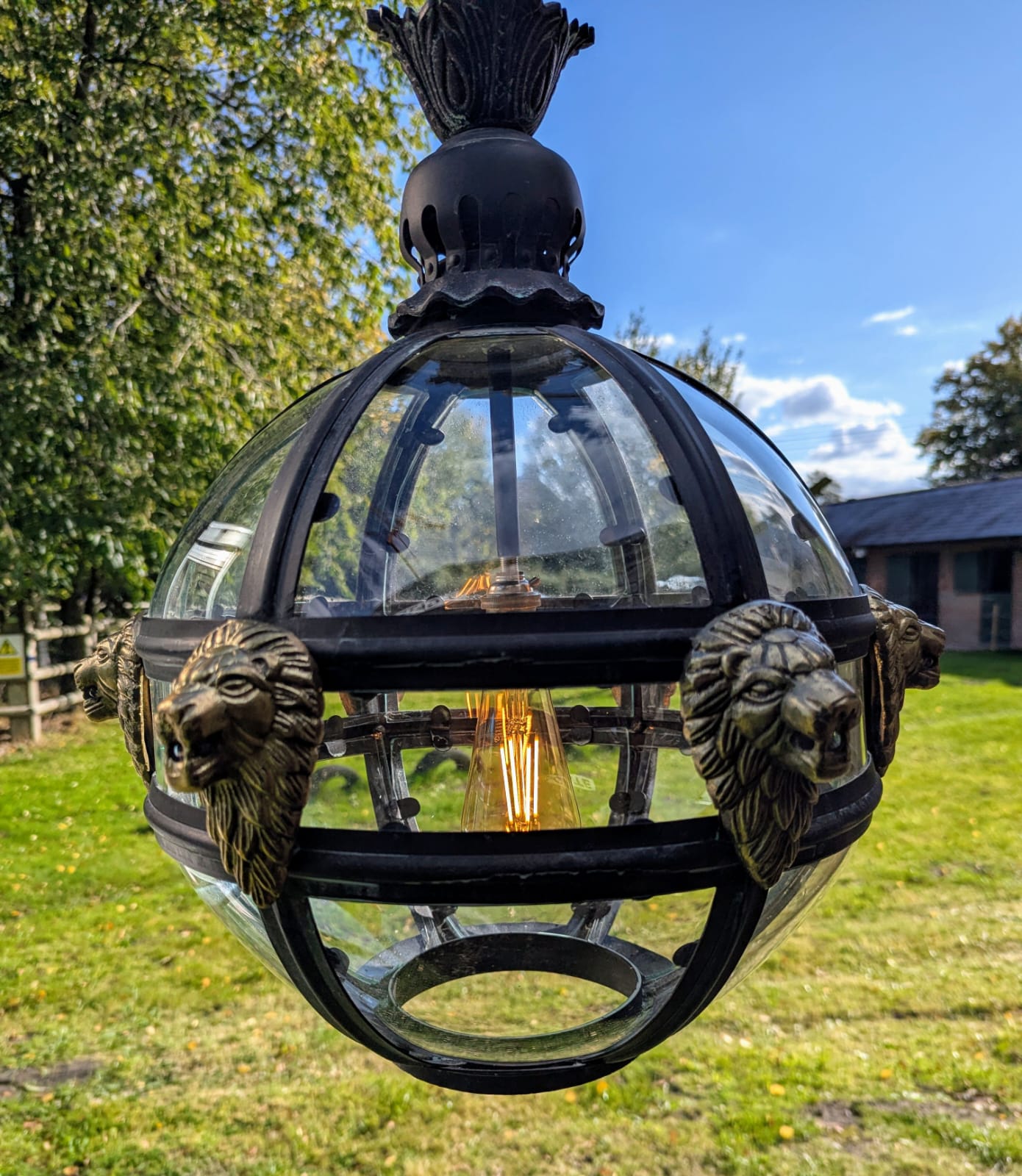Bronze Verdigris & Brass Lions Glass Globe Lantern - Delivery Available In UK