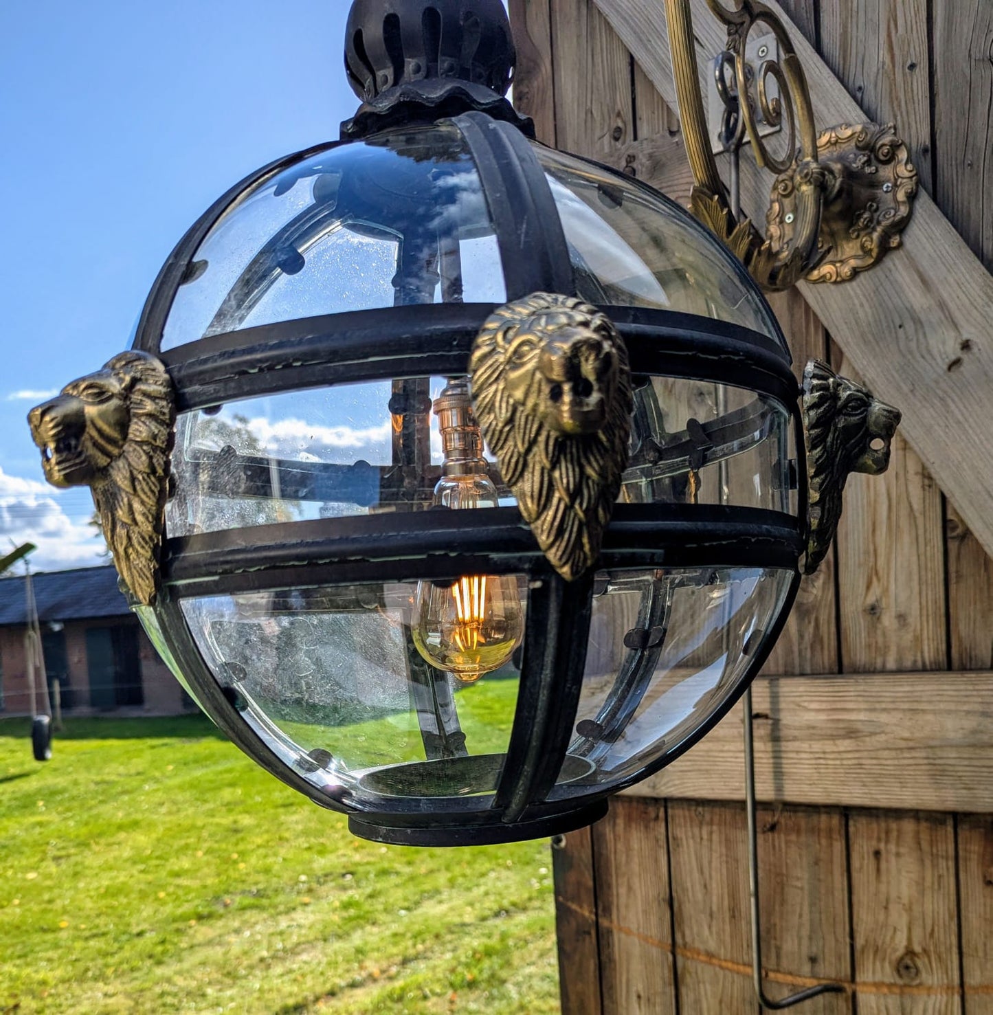 Bronze Verdigris & Brass Lions Glass Globe Lantern - Delivery Available In UK