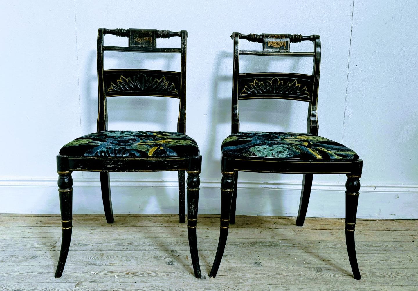 Exquisite 19th Century Pair Regency Ebonized & Gilt Hand Painted Side Chairs