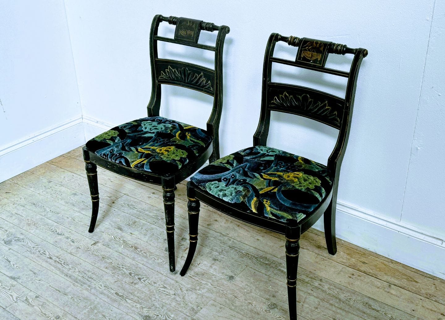 Exquisite 19th Century Pair Regency Ebonized & Gilt Hand Painted Side Chairs