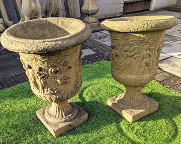 Pair 19th C Italian Composition Stone Urns Classical Figure Decor - Free UK Delivery