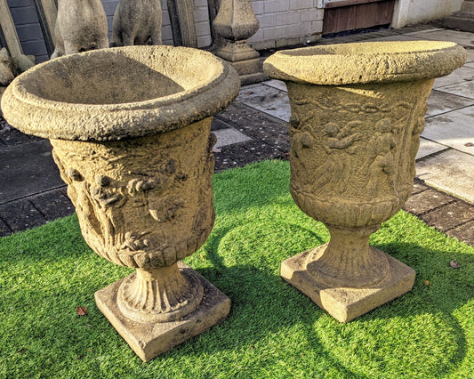 Pair 19th C Italian Composition Stone Urns Classical Figure Decor - Free UK Delivery