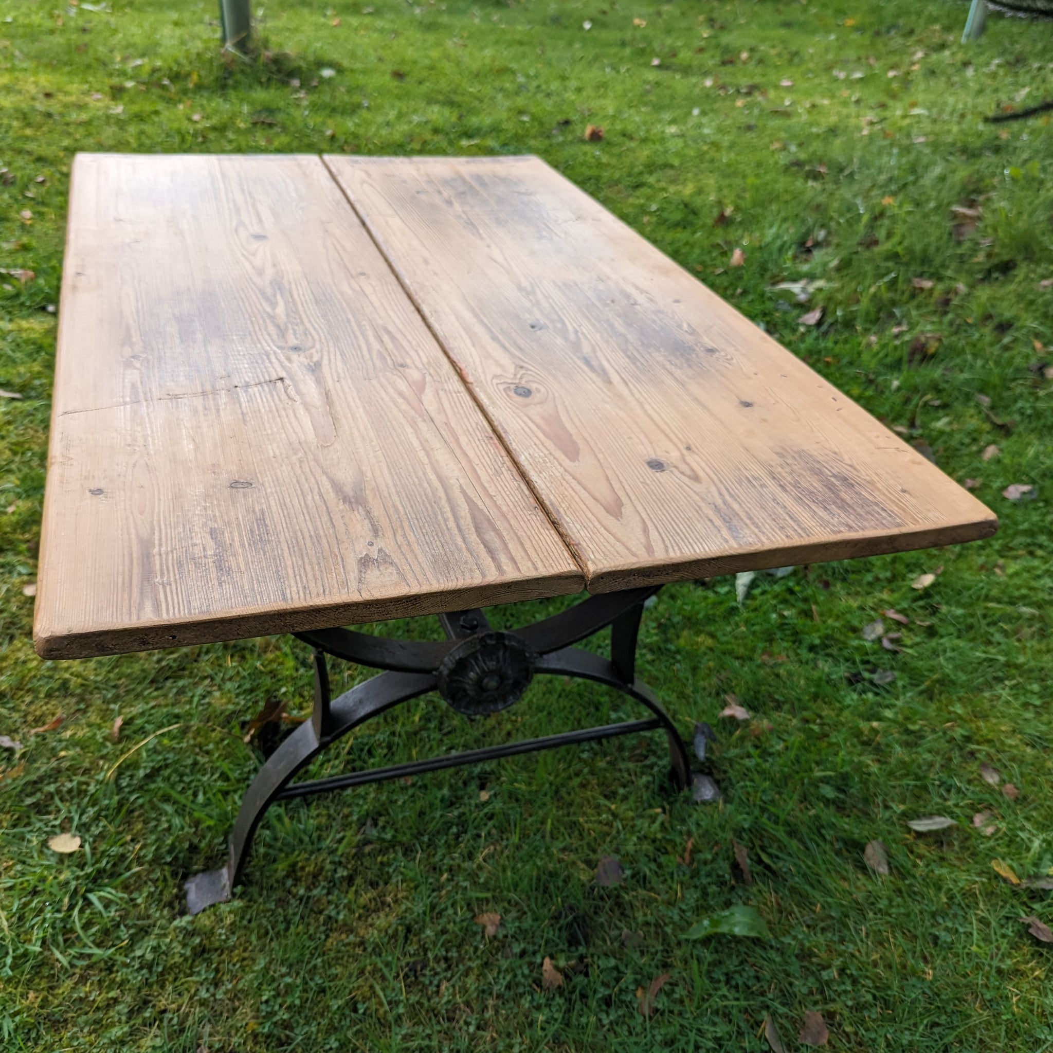 French vintage iron base reclaimed pine coffee table - Free UK Delivery