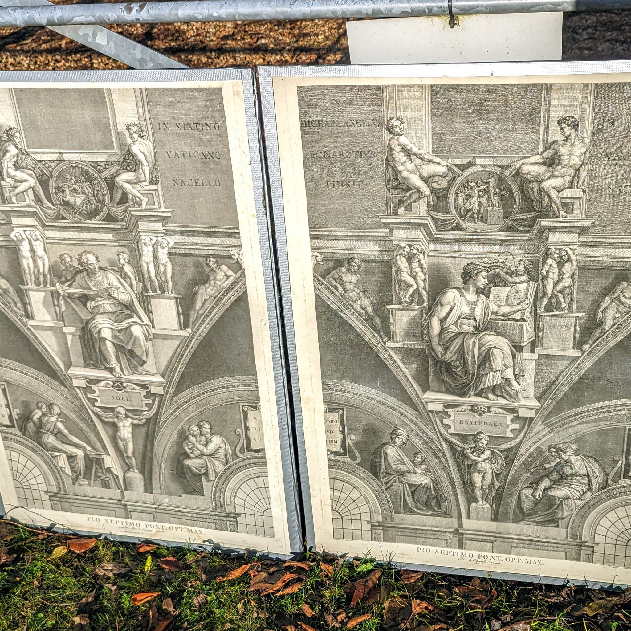 Antique pair 19th century Lithographs of Michael Angelo s Vatican works.