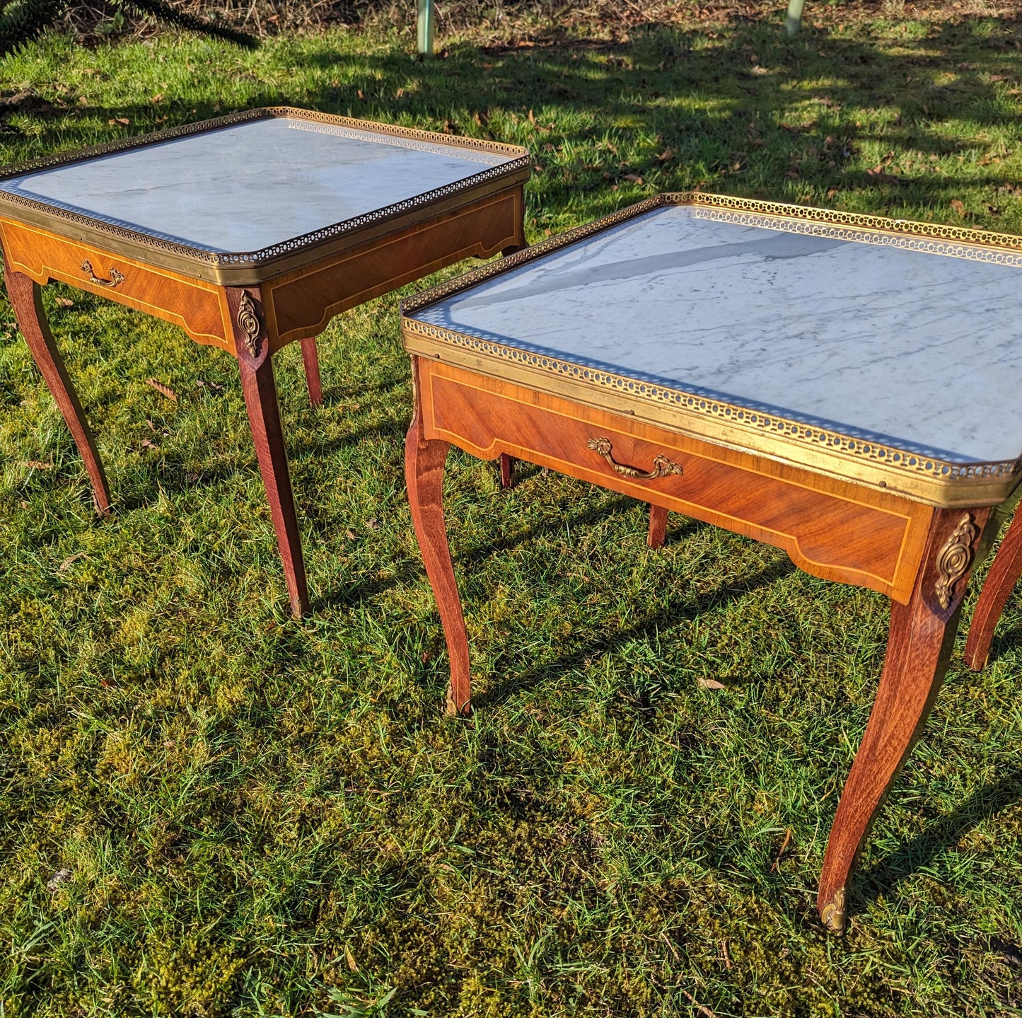 French inlaid walnut ormolu mounted side tables