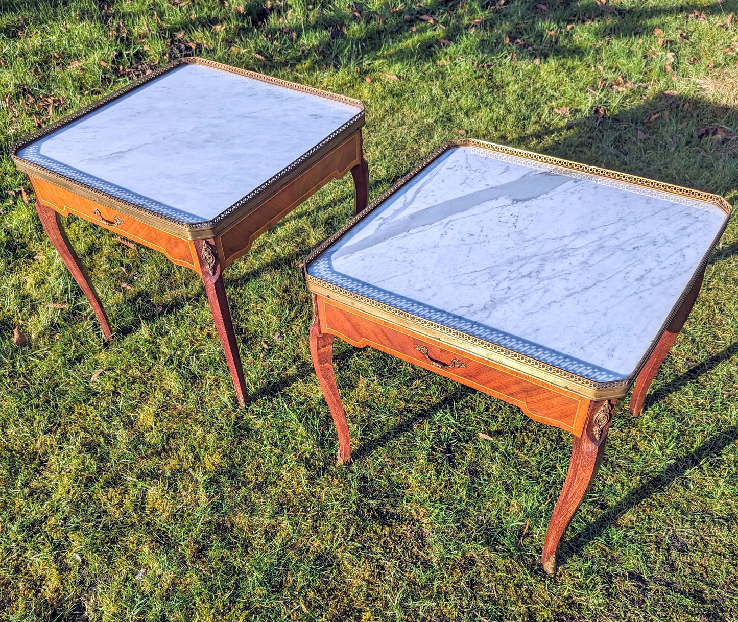 French inlaid walnut ormolu mounted side tables