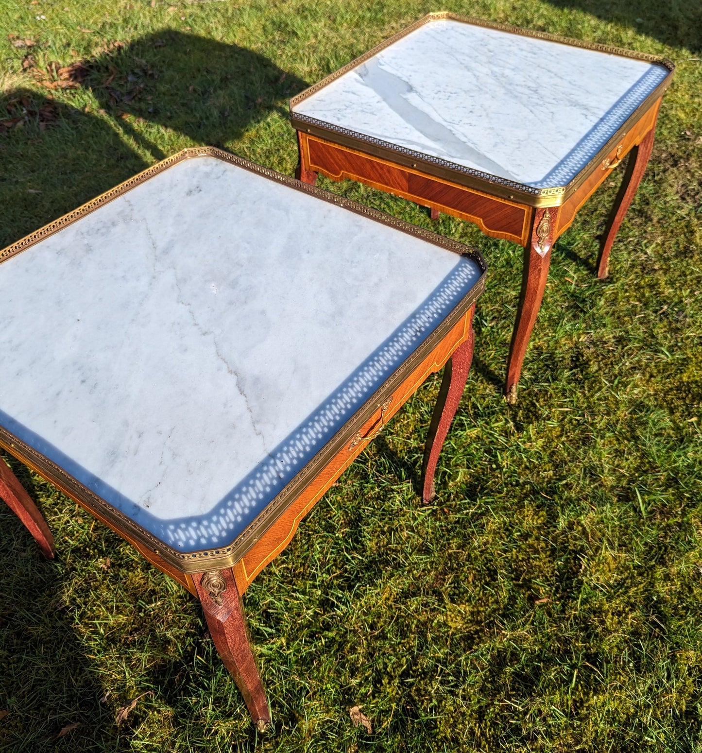 French inlaid walnut ormolu mounted side tables