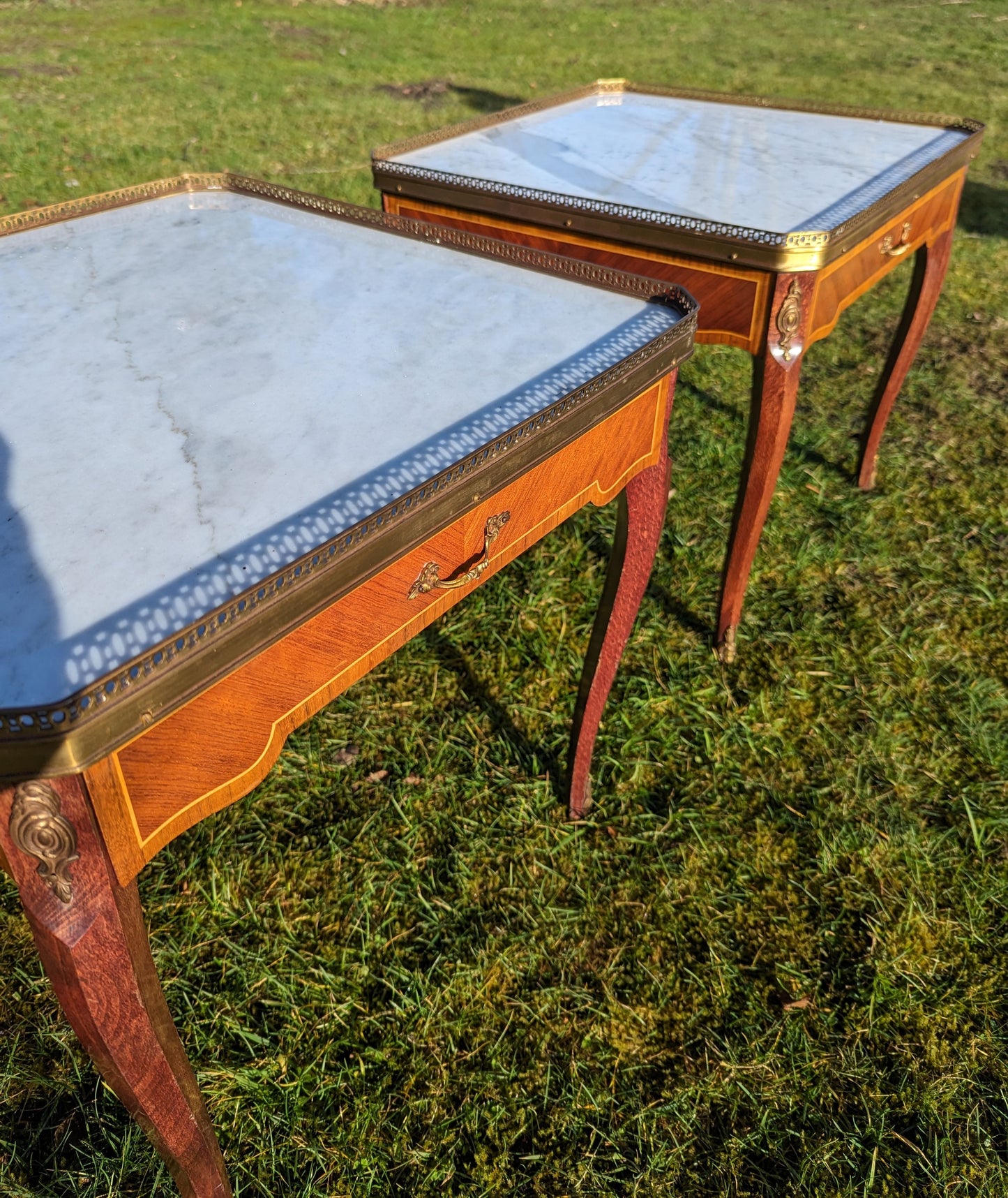 French inlaid walnut ormolu mounted side tables