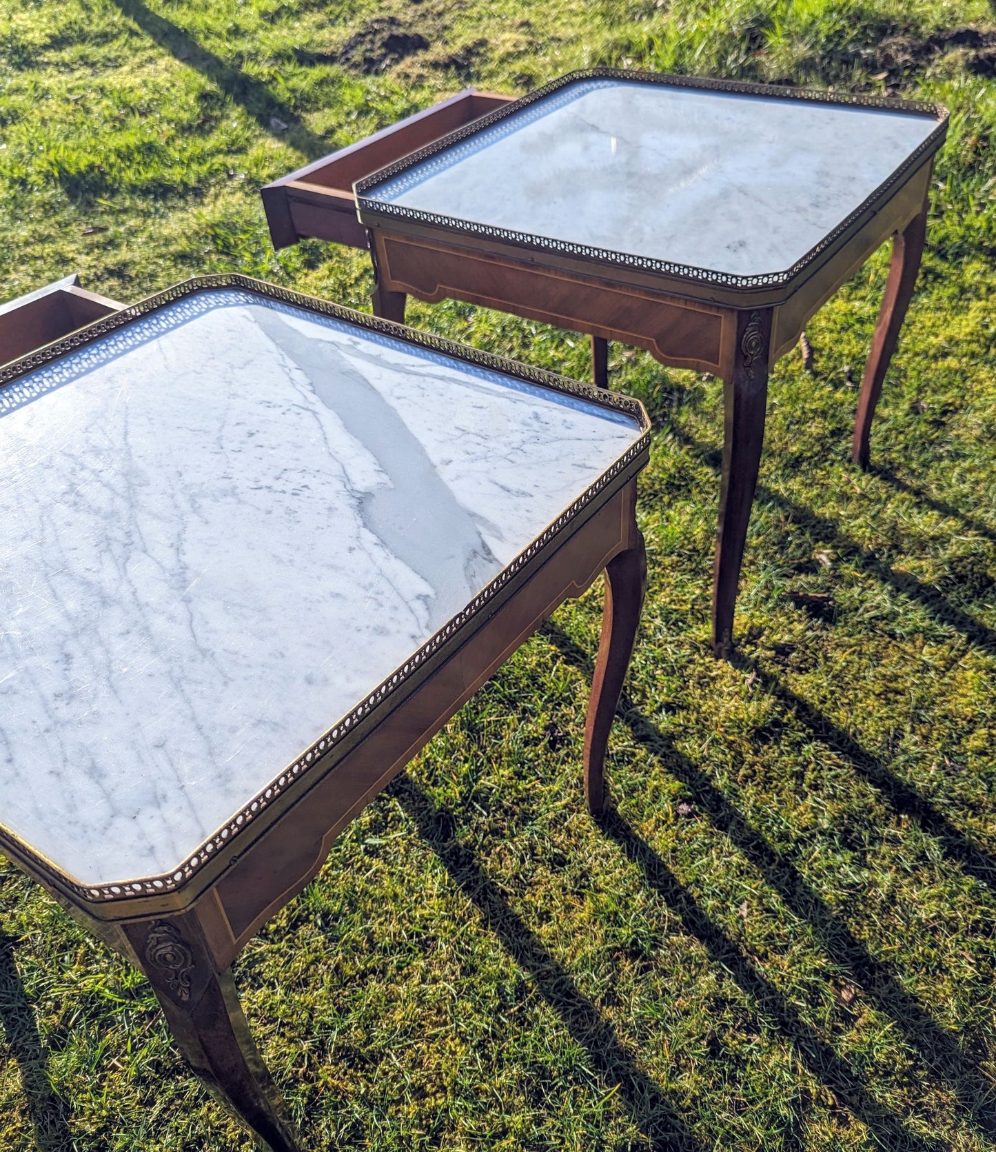 French inlaid walnut ormolu mounted side tables