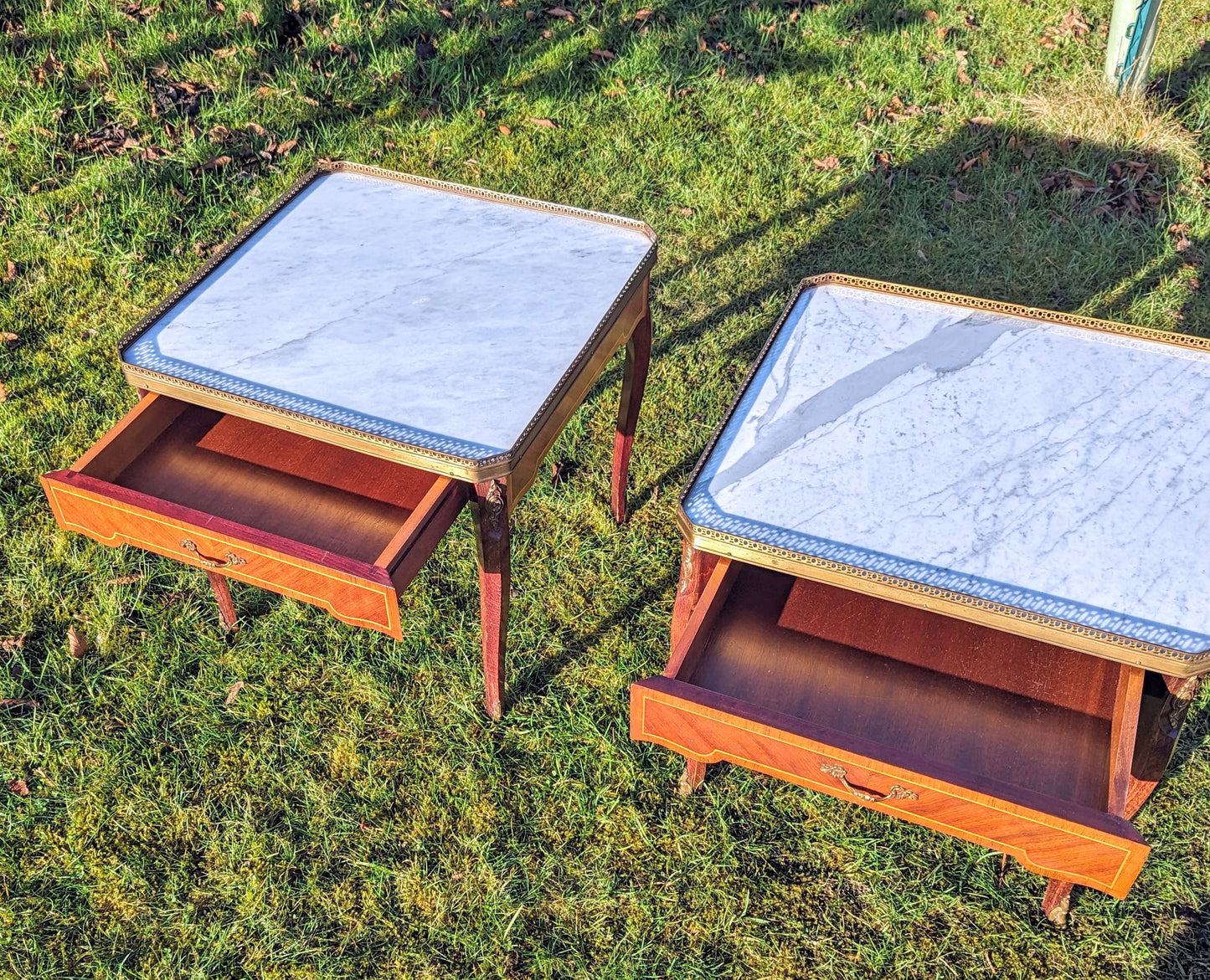 French inlaid walnut ormolu mounted side tables