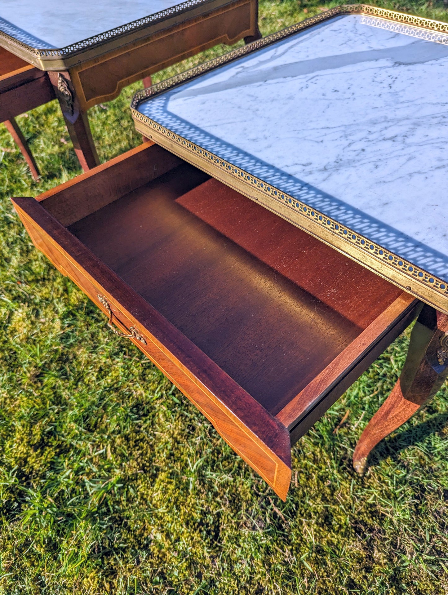 French inlaid walnut ormolu mounted side tables