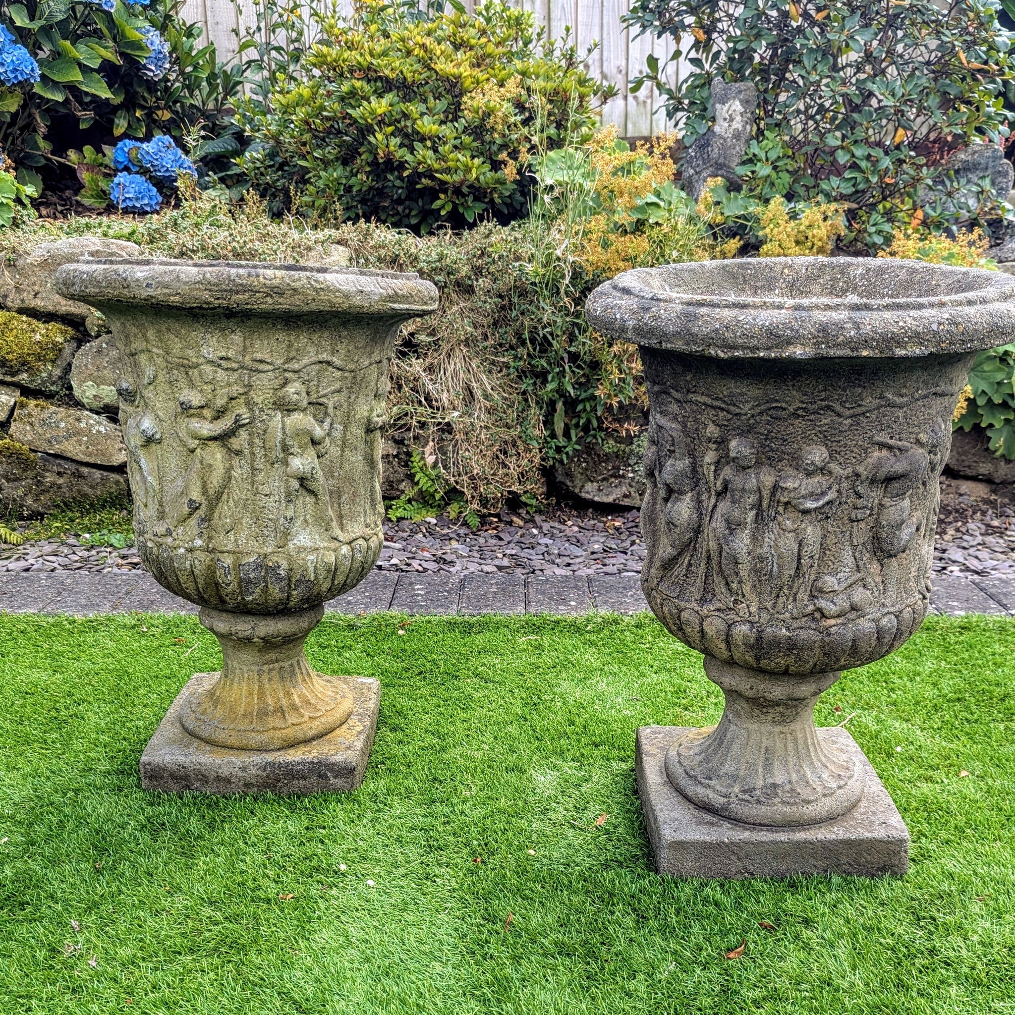 Pair 19th century Italian Composition Stone Urns Classical Figure Decor - Free UK Delivery
