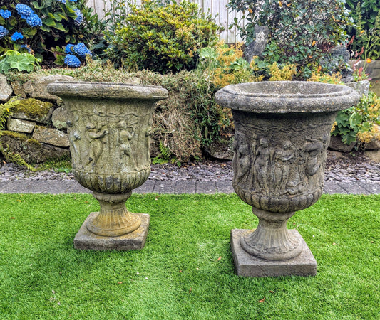 Pair 19th century Italian Composition Stone Urns Classical Figure Decor - Free UK Delivery