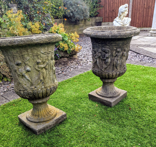 Pair 19th C Italian Composition Stone Urns Classical Figure Decor - Delivery Ava