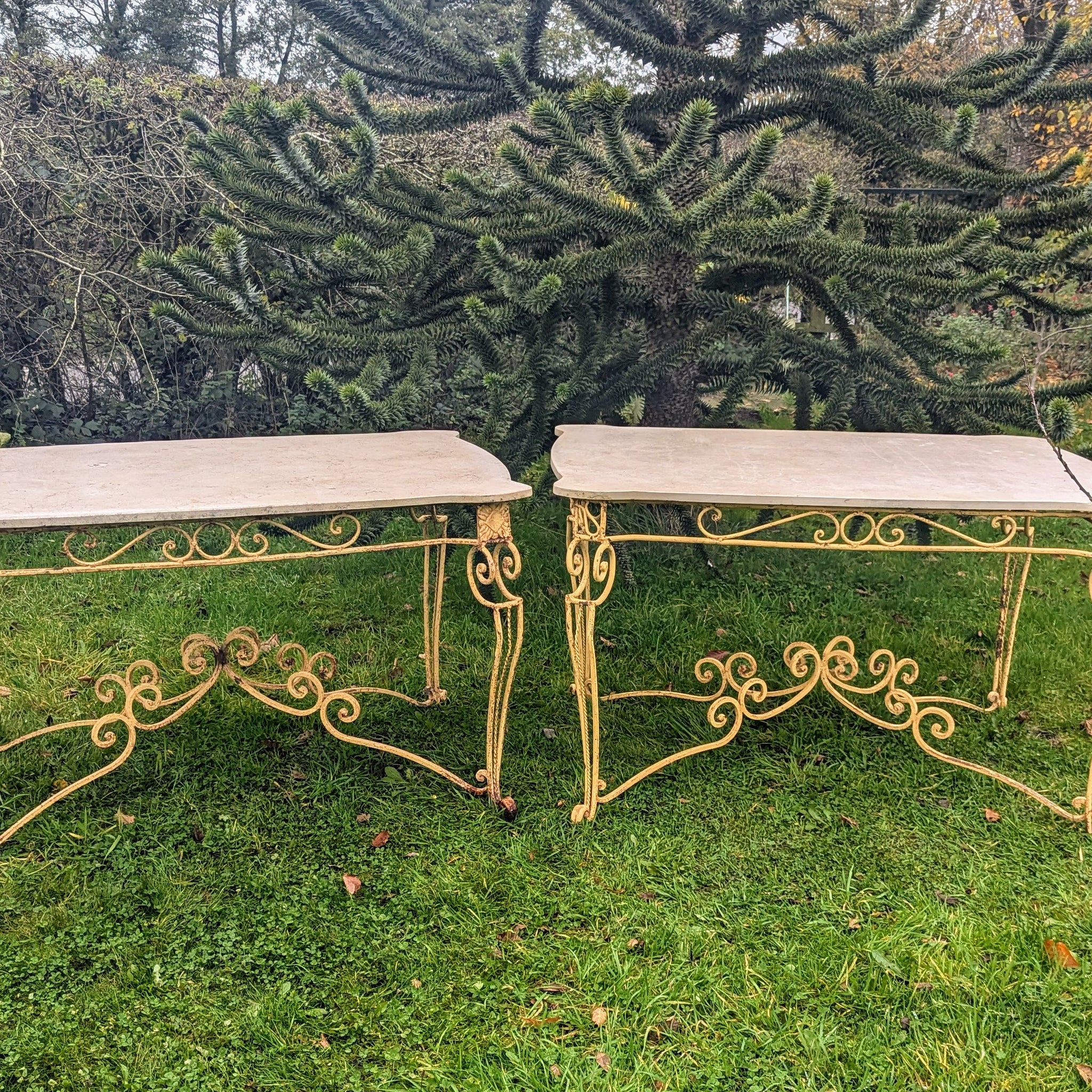 Art Deco Wrought Iron French 1930s Marble Top Centre Tables- Delivery Included