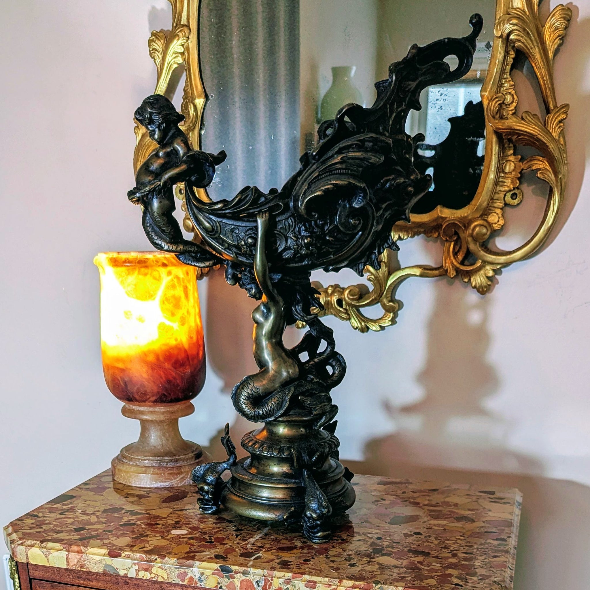 Renaissance Revival Bronze Ewer Nautilus Cup Dolphin Feet, Signed 19th century - Free UK Delivery