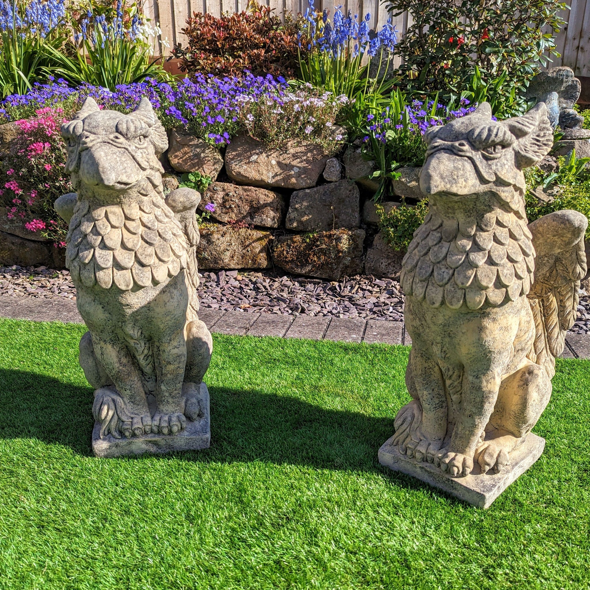 Winged Griffins garden ornament English stone - Free UK Delivery