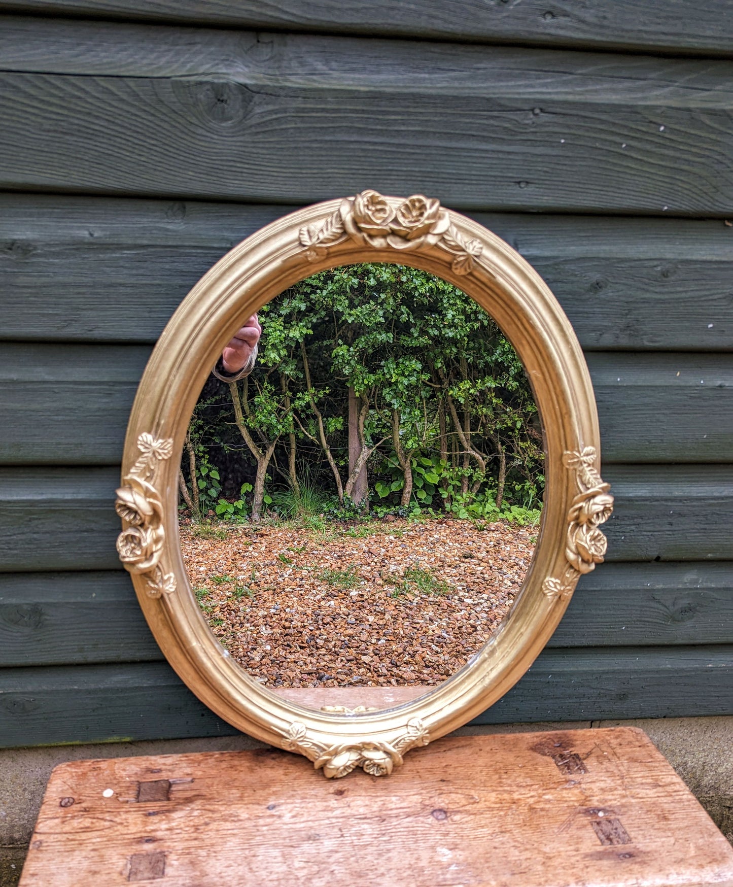 French ANTIQUE ROSE OVAL GILDED MIRROR