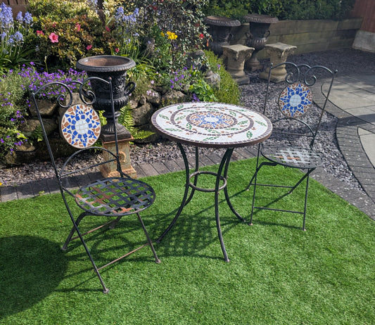 Vintage metal bistro table and chair set with Mosaic detail - Delivery available 0322