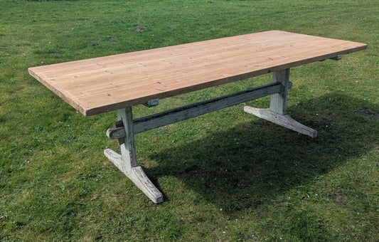 Vintage Large Pine refectory table 6 plank top shaped legs - Delivery available 0048.