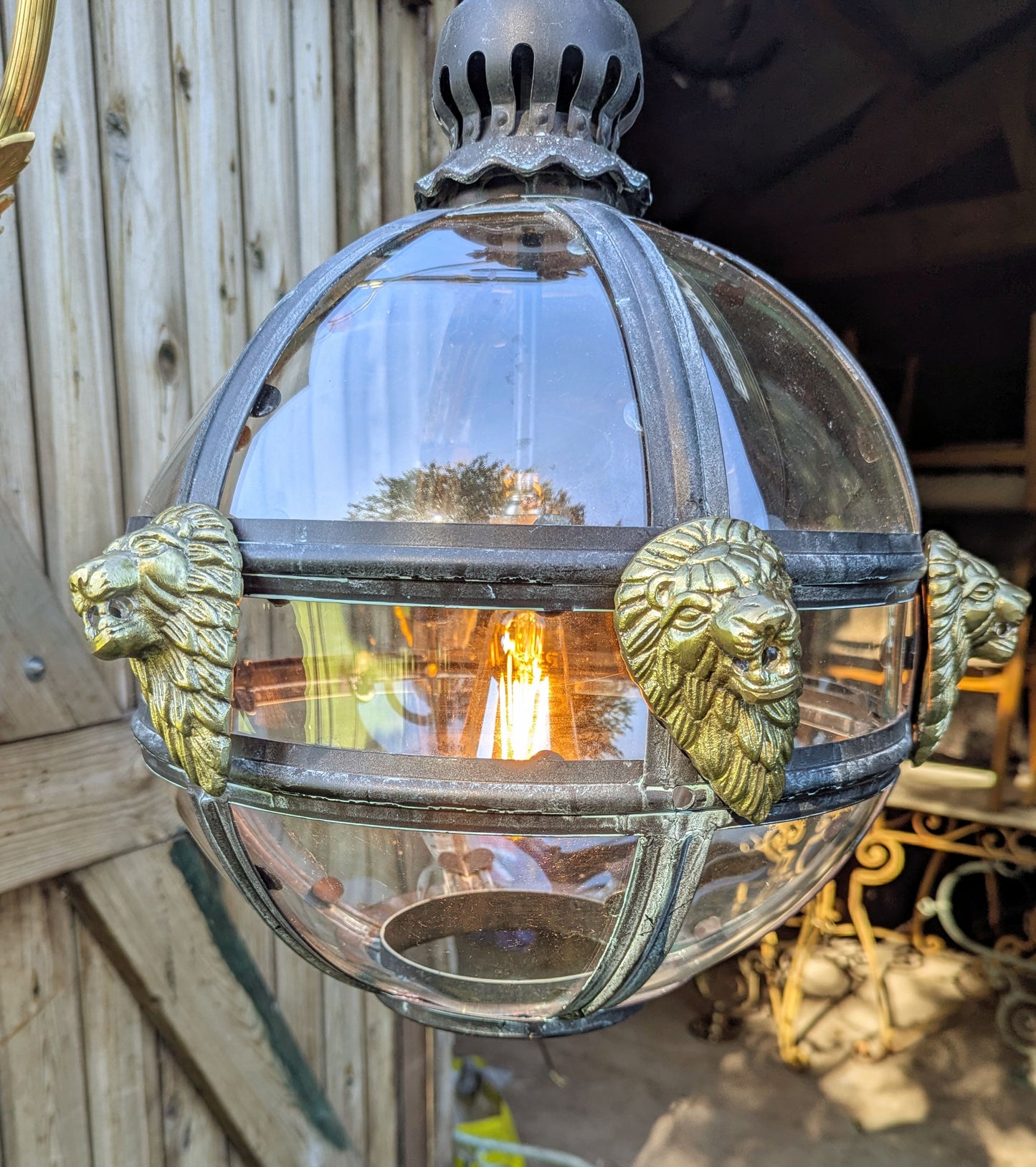 Bronze Verdigris & Brass Lions Glass Globe Lantern - Delivery Available In UK