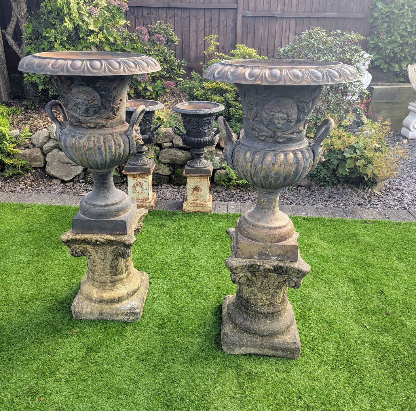 Pair huge 19th Century cast iron Campana Urns Lion handles - UK Delivery Available
