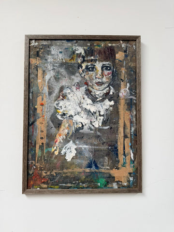 Original British mid century art School mixed media collage oil on board abstract Girl painting signed Easal - UK Delivery Included 0143.