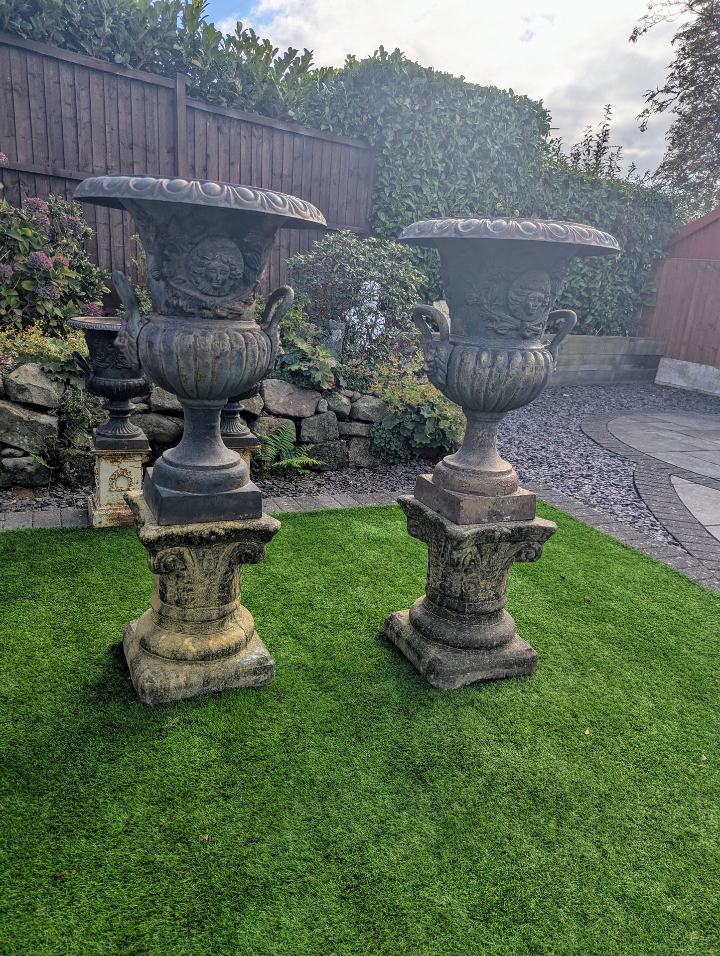 Pair huge 19th Century cast iron Campana Urns Lion handles - UK Delivery Available
