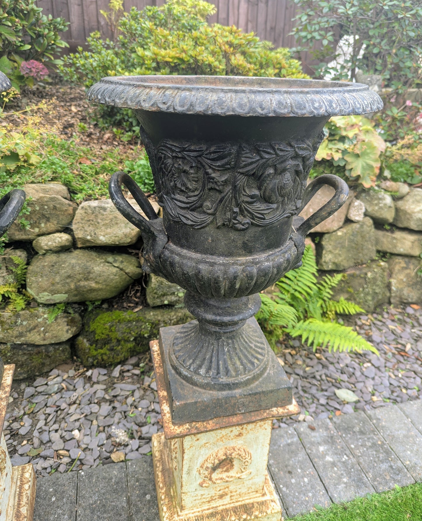 Pair Antique 19th Century cast iron Urns Lion mask handles - UK Delivery Available