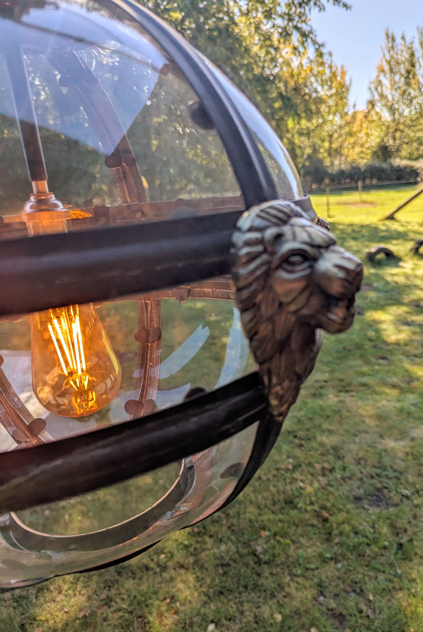 Bronze Verdigris & Brass Lions Glass Globe Lantern - Delivery Available In UK