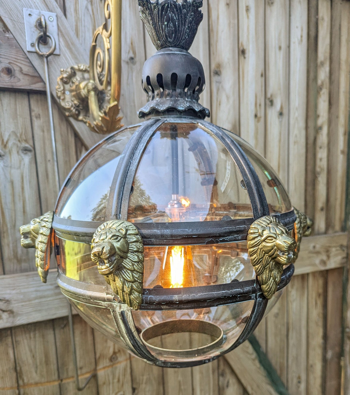 Bronze Verdigris & Brass Lions Glass Globe Lantern - Delivery Available In UK