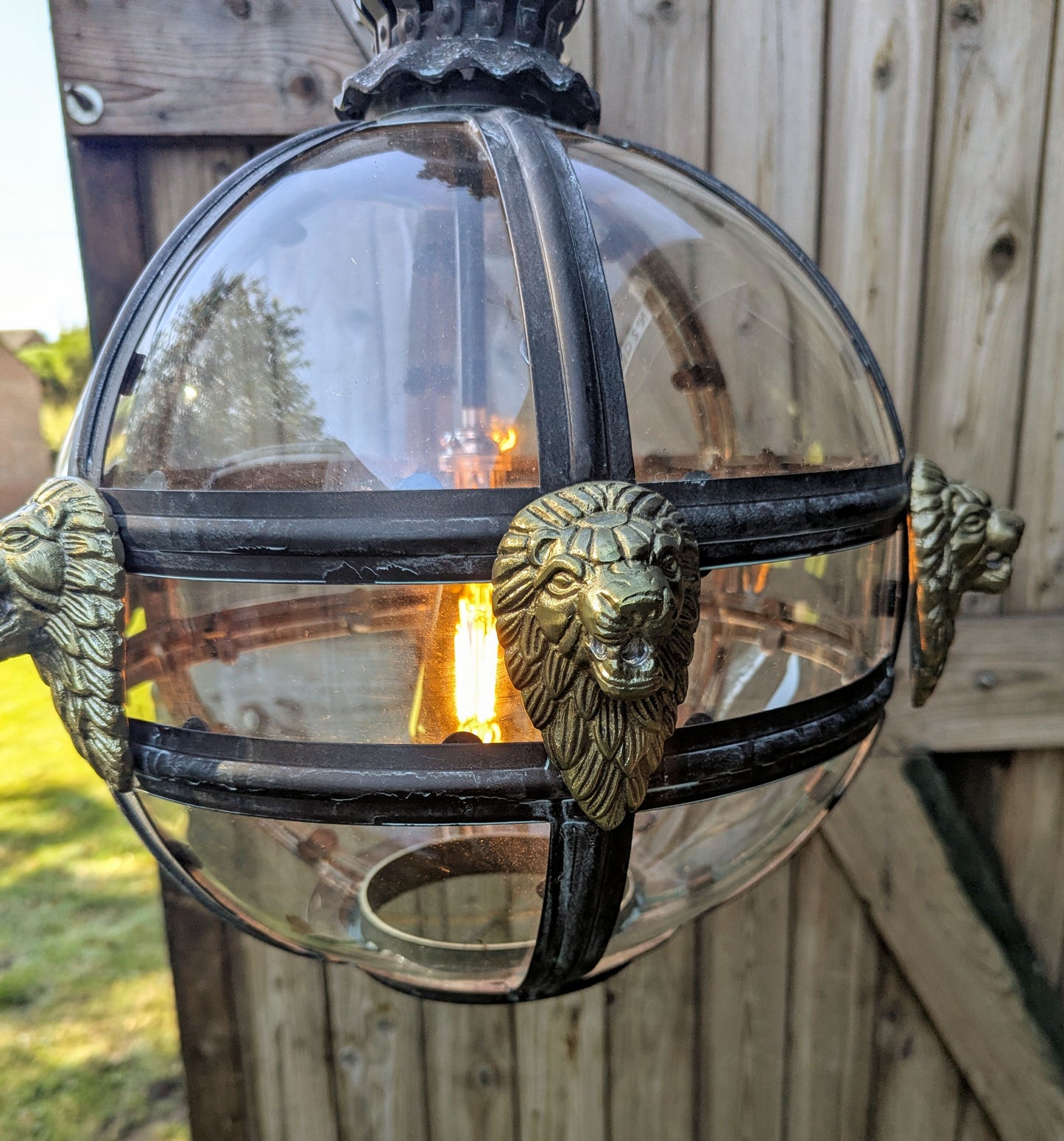 Bronze Verdigris & Brass Lions Glass Globe Lantern - Delivery Available In UK