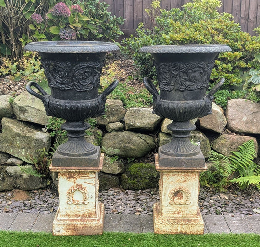 Pair Antique 19th Century cast iron Urns Lion mask handles - UK Delivery Available