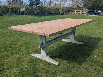 Vintage Large Pine refectory table 6 plank top shaped legs - Delivery available 0048.