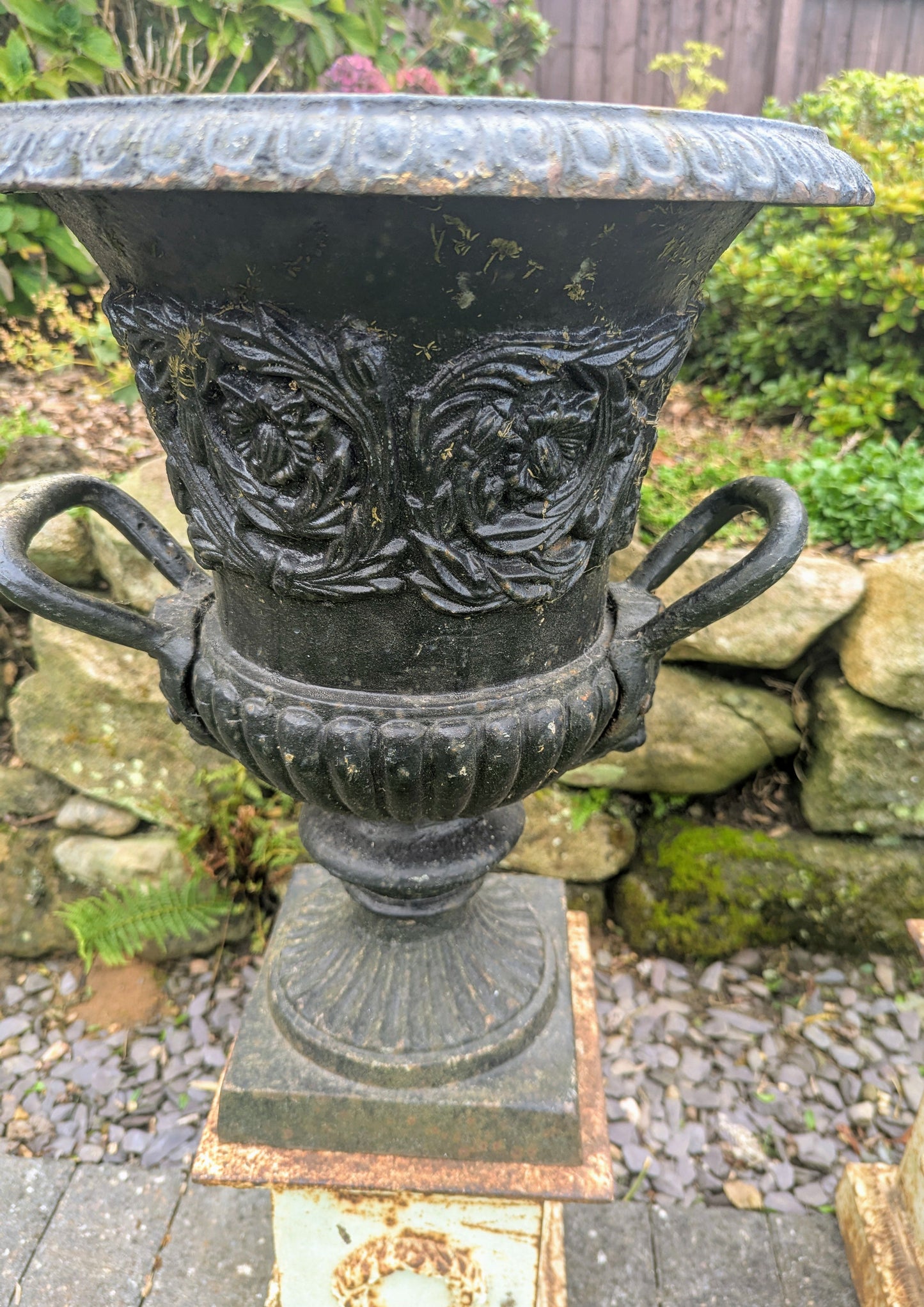 Pair Antique 19th Century cast iron Urns Lion mask handles - UK Delivery Available