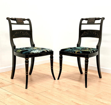 19th Century Pair Regency Ebonized & Gilt Hand Painted Side Chairs - Delivery available 0169.