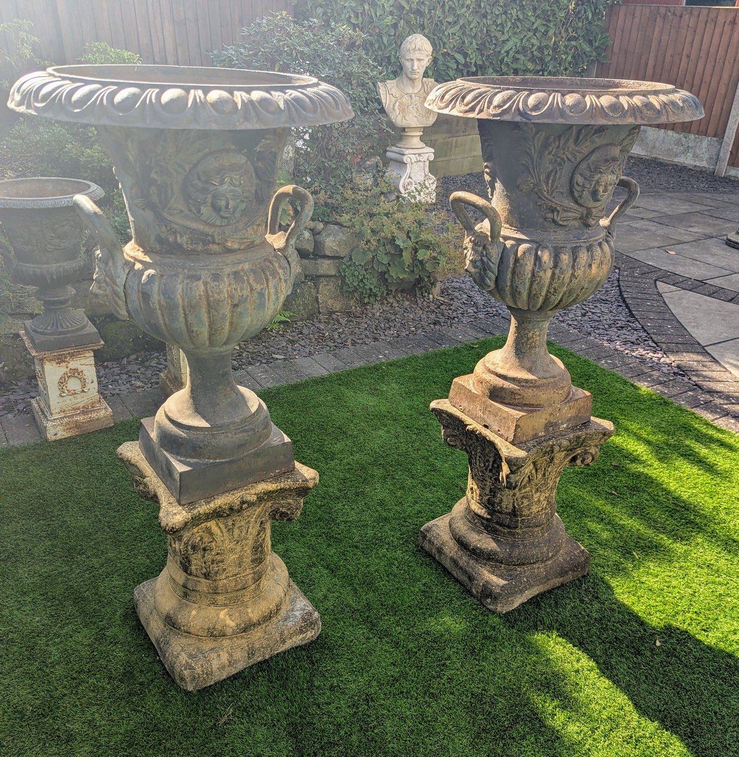 Pair huge 19th Century cast iron Campana Urns Lion handles - UK Delivery Available