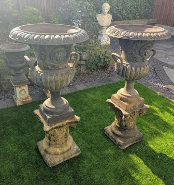Pair huge 19th Century cast iron Campana Urns Lion handles - Delivery available.