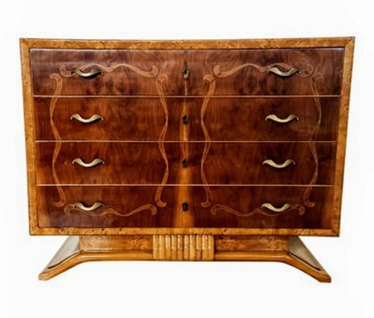 Italian Inlaid Art Deco Walnut Route Chest Dresser