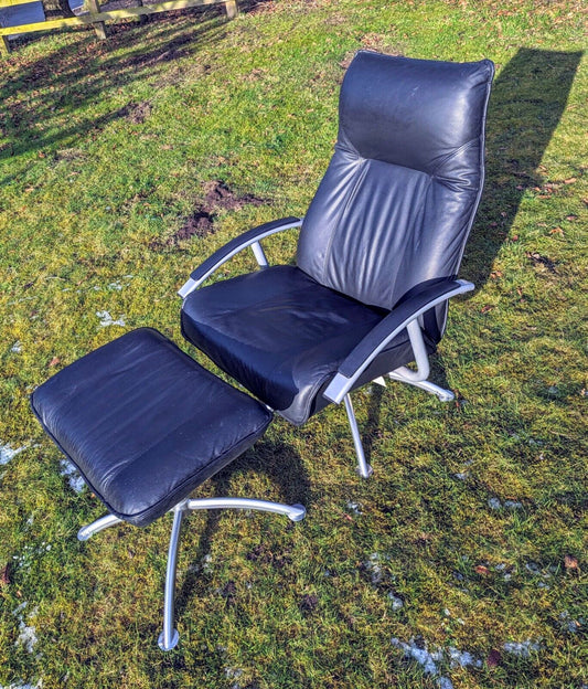 Superb Vintage Danish Kebe Leather Swivel Recliner F/Stool - Free UK Delivery