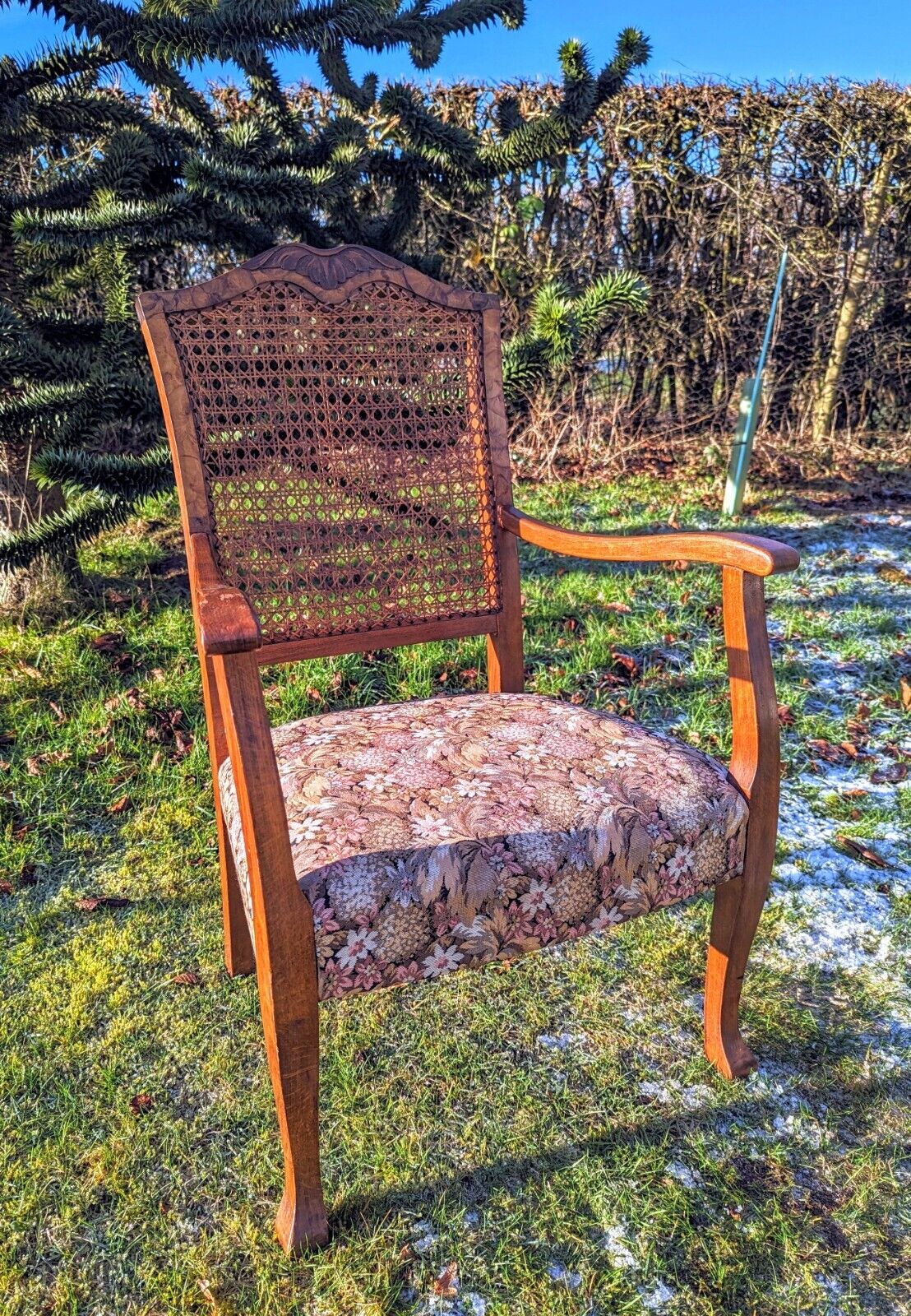 Beautiful Vintage 1930s Rattan Begere Armchair with Floral seat - Free UK Delivery