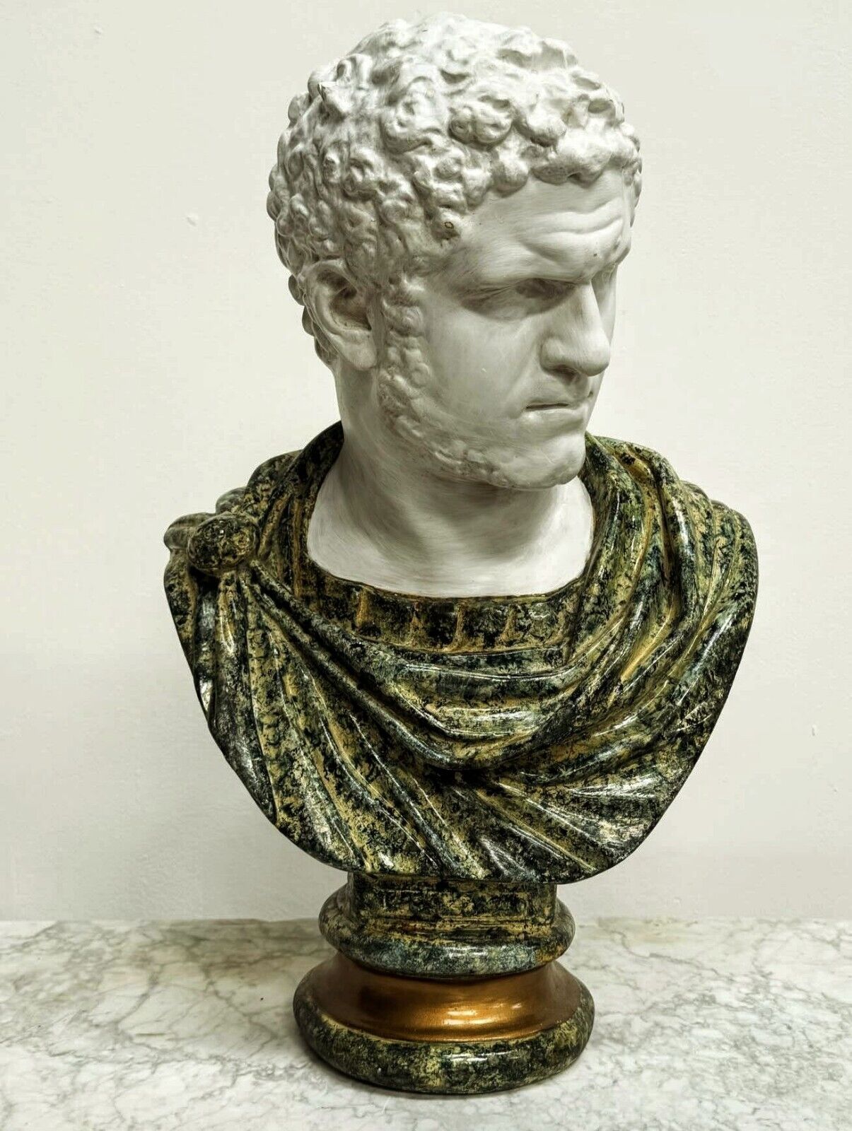 Impressive Plaster Caracalla Roman Bust In Simulated Marble Robe- Sold