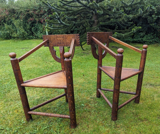 Rare pair 19th century oak hand carved turner chairs
