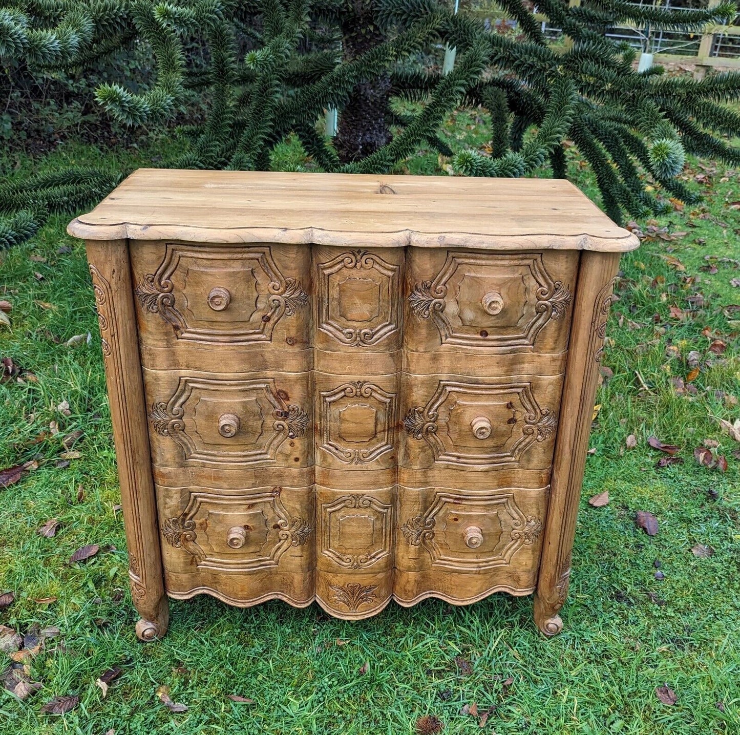 Exceptional french hand carved pine vintage chest of 3 drawers