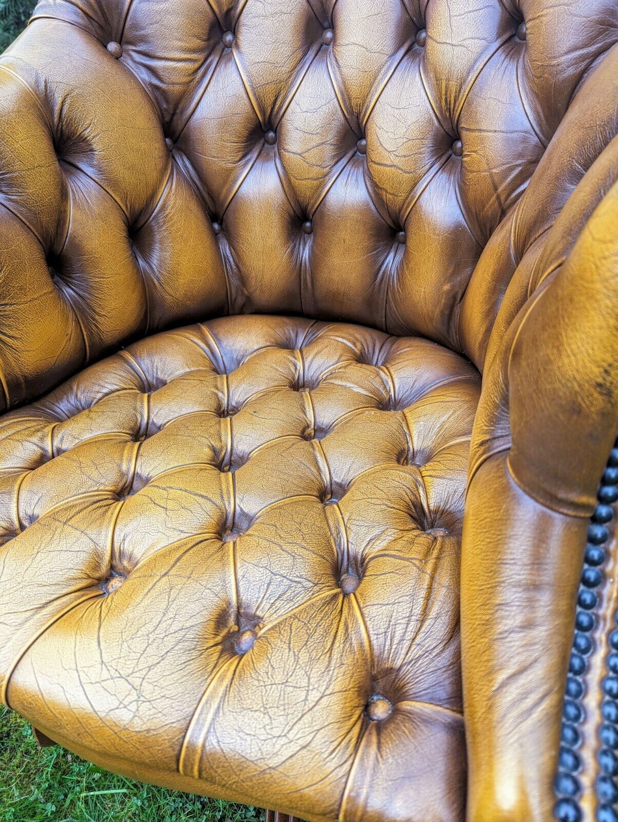 1950s Directors tan leather tilt chesterfield