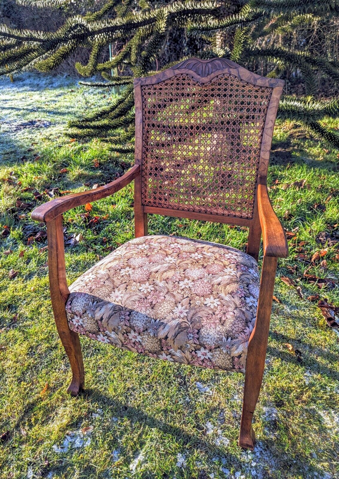 Beautiful Vintage 1930s Rattan Begere Armchair with Floral seat - Free UK Delivery