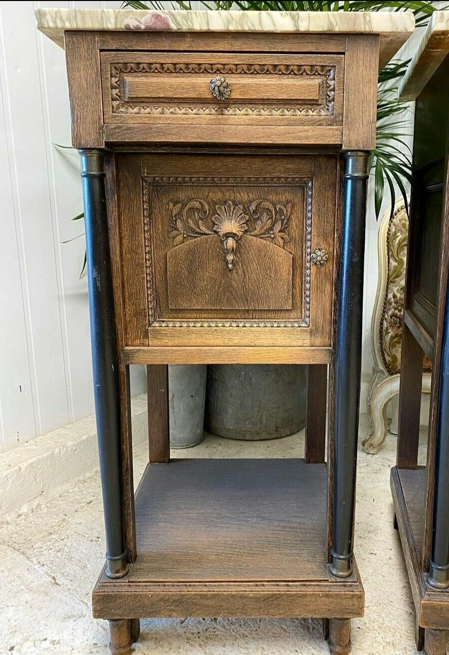 Antique French Empire Carved Tall Side Tables With Marble Top