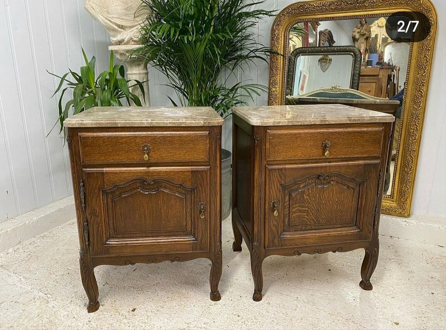 MARBLE TOP & OAK FRENCH BEDSIDE TABLES