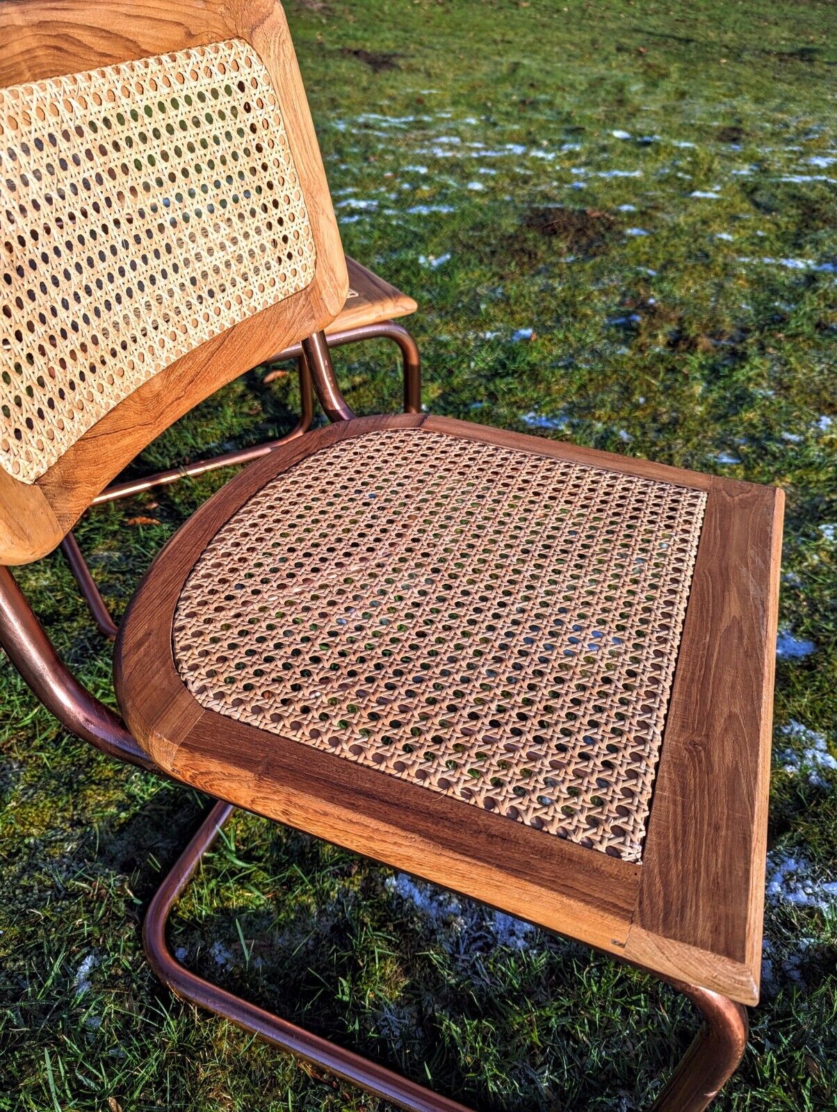 Cesca Style Vintage Oak Rose Gold Chrome & Rattan Cantilever Chairs Delivery Available