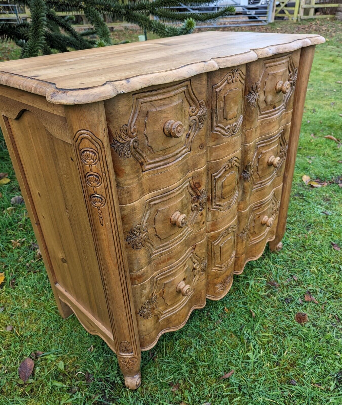 Exceptional french hand carved pine vintage chest of 3 drawers